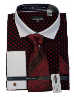 New Avanti Uomo Fashion Dress Shirt w/Tie Cufflinks, Black/Red Polka 