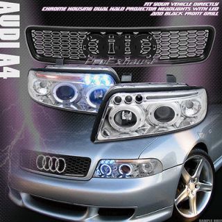 CHROME HALO LED PROJECTOR HEAD LIGHTS+HOOD MESH GRILL GRILLE 1999 2001 
