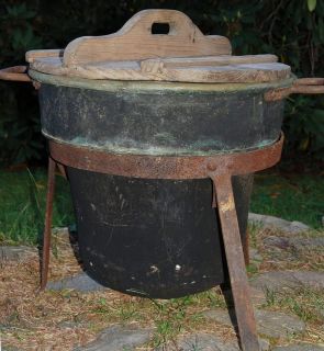 Antique Copper Cauldron Cooking Pot with Iron Stand And Wooden Lid