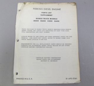 1961 1962 Dodge Perkins Diesel Engine Parts List Supplement D500 D600 