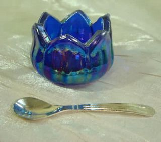 Lotus Open Salt Dip Cellar Cobalt Blue Carnival Glass