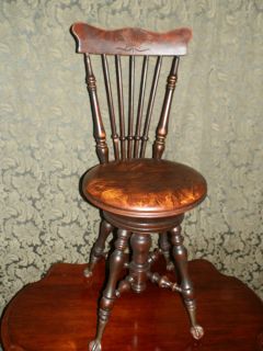 GORGEOUS HIGH BACK ANTIQUE PIANO STOOL W/BALL & CLAW FEET & BEAUTIFUL 