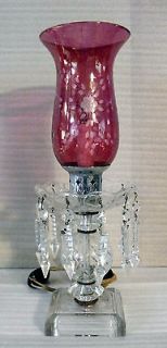 Antique 1920s Large Cranberry Shade Crystal Electric Hurricane Lamp 