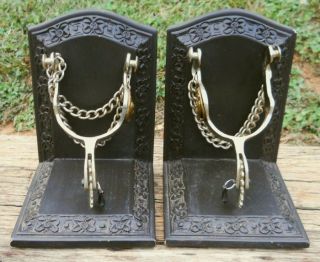   Western Cowboy Boot Stainless Steel SPURS on Carved WOOD BOOKENDS EUC