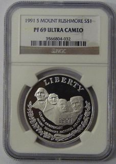 1991 S NGC PF69 MOUNT RUSHMORE PROOF SILVER DOLLAR COIN