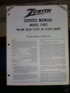 Vintage Zenith C465 Clock Radio Service Manual RA 25