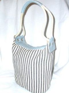 ARCADIA BLUE LEATHER WHITE&BLACK STRIPE FABRIC SUMMER TOTE BAG MADE IN 