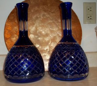 Pair of cobalt blue cut to clear crystal decanters Buckingham