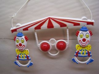Vintage Hard Plastic Baby Crib Toy with Clowns Retro 1960s