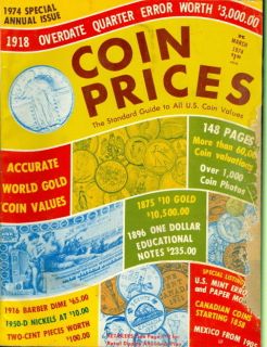 1974 Coin Prices Magazine World Gold Coins/Barber Dime/Two Cent 