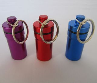 Metal FOB Pill Case / Box / Holder with Key Ring (Purple, Red and 