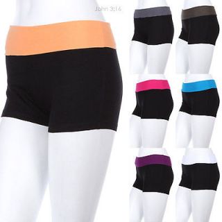   Color Fold Over Waistband Athletic Yoga Shorts Pants Cotton Spandex
