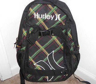 NEW HURLEY BACK PACK LAPTOP SKATEBOARD BAG BLACK WITH GREEN PLAID. NEW 