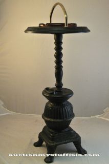   Black Cast Aluminum POT BELLY STOVE Floor Stand Ashtray w Amber Glass