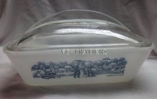 GLASBAKE J 522 CURRIER & IVES BLUE/WHITE LOAF PAN W/CLEAR GLASS LID