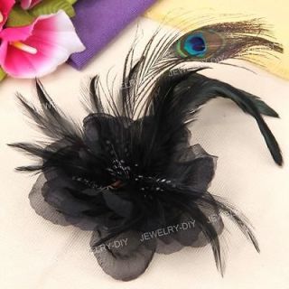 Black Flower Peacock Feather Organza Corsage Brooch Pin Hair Clip 