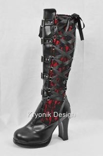 Demonia Crypto 106 goth gothic lolita black red lace knee high 