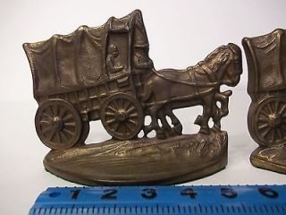   LARGE, MARKED, BRONZE PLT, HORSES, COVERED WAGON, BOOKENDS, DESK ART