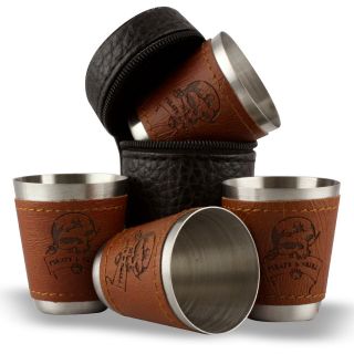 New Set of 4 Leather Covered Stainless Steel Shot Glass w/ Carrying 