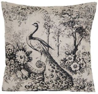   Cover Toile Vintage Look Textile Linen Fabric Grey Black Peacock
