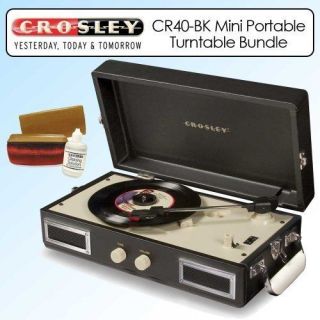 Crosley CR40 BK Mini Portable Turntable Black Bundle With Accossories
