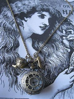 Steampunk Alice in Wonderland Watch on Chain with Teapot & Shoe.