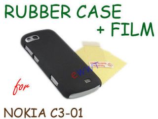 Black Rubber Rubberized Back Cover Hard Case + LCD Film for Nokia C3 