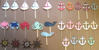 12) NAUTICAL, Anchor, Sailboat, Crab, Wheel, Whale Cupcake Picks 
