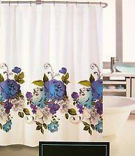   Rowley Blue Purple Teal Floral Border Print Fabric Shower Curtain NIP