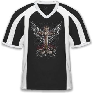 Cross Statue Mens V neck Sport T shirt Angelic Wings Faith Religious 