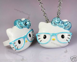   Lots Hello Kitty Ring With Necklace Glasses Crystal Stone Blue BN13