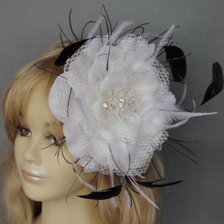 LARGE WHITE FEATHER FLOWER HAIR FASCINATOR CLIP WEDDING PARTY BALL 