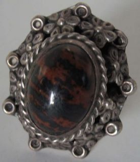 VINTAGE MEXICO STERLING SILVER PETRIFIED WOOD FLORAL POISON RING