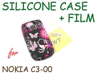 Cover Printed Black Pink Silicone Back Soft Case + Film for Nokia C3 