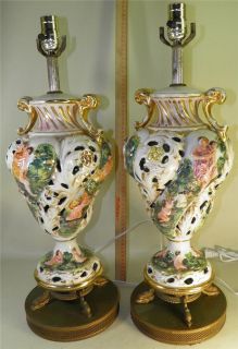   CAPODIMONTE HAND PAINTED MAIDENS CHERUBS FLORAL DOLPHIN FEET LAMPS
