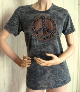 Ancient Language Gray Semi Sheer Tee Shirt Top Peace Sign XL
