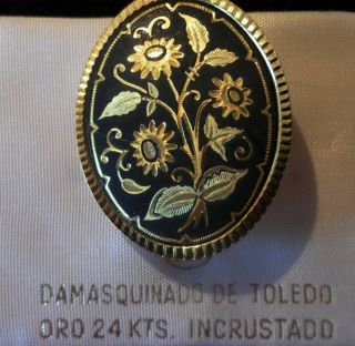 Damasquinado De Toledo Rare Design 24 K T Gold Encrusted Pin Brooch