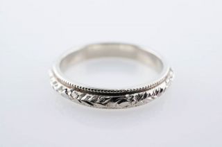   Raised Floral Engraved Art Deco Wedding Band Solid 18k White Gold Ring
