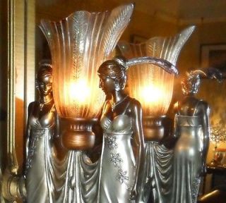 ART DECO CHROME ANTIQUE NORA PEACOCK JEWEL DRESS TWIN LADY LAMP LIGHT 