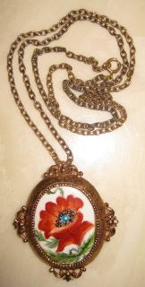   handpainted framed porcelain necklace brooch ornate floral motif
