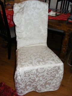 IVORY ACANTHUS SATIN BROCADE TYPE DINING ROOM CHAIR SLIP COVERS