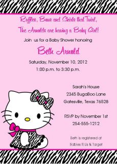 24 Zebra Hello Kitty Birthday/Baby Shower Invitations Personalized