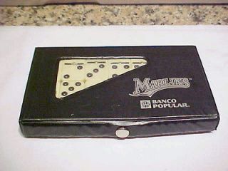 DOMINOES SET OF 28 W/CASE SAYS MARLINS IVORY & BLACK DOTS  BANCO 