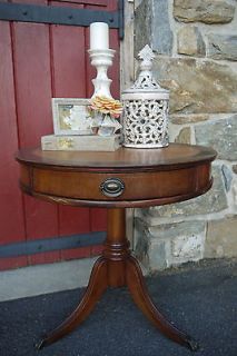 Antique leather top foyer Drum Table with drawer Pedestal Claw Foot 