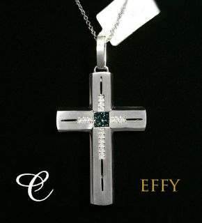 Brand New EFFY Large 14K White Gold, Blue & White Diamond Cross With 