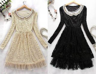 Faux Pearl Doll Collar Elastic Waist Flower Lace Voile Dress XS US 0 2 