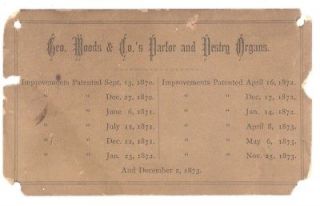 1873 ID & PATENT CARD FROM PARLOR ORGAN, G. WOODS & CO.