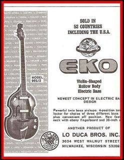 EKO VIOLIN SHAPED ELECTRIC BASS. Original Vintage Mag. Ad Down Beat 