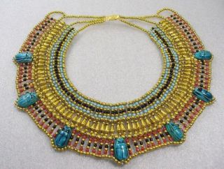 Multi Beaded Cleopatra Egyptian Hand Made 7 Scarabs Necklace Collar 