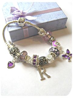   GIRLS LADIES INITIAL LETTER PURPLE CHARM BRACELET IN BOX 15 CHARMS